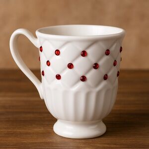 KF White Ceramic Mug Red Rhinestones Quilted Pattern Pedestal Coffee Cup 4 in
